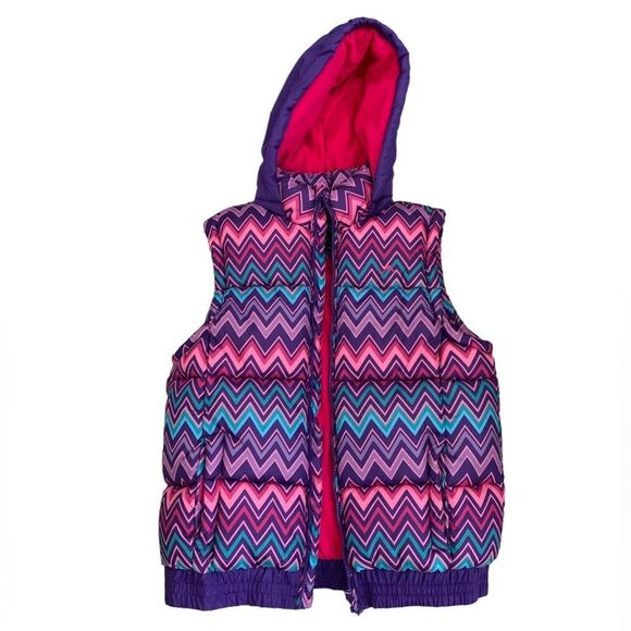 Vertical 9 Chevron Purple Pink Puffer Lined Fleece Vest with Hood Plus Size 16 - Picture 1 of 12